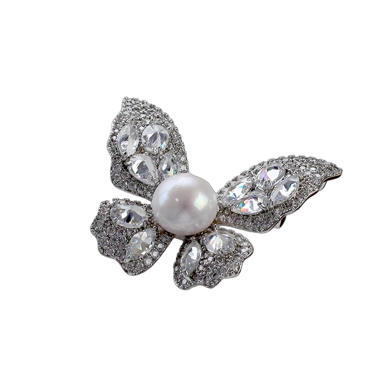 Freshwater pearl white silver butterfly brooch