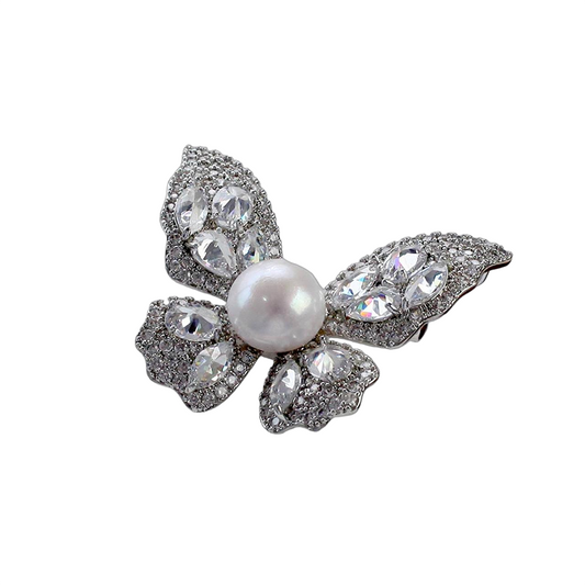 Freshwater pearl white silver butterfly brooch