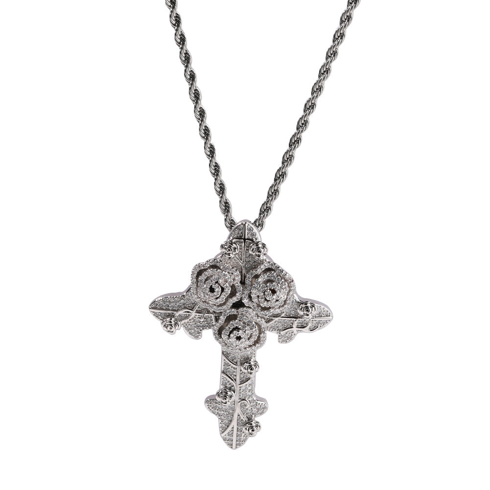 Iced out Cross Rose Pendant Necklace