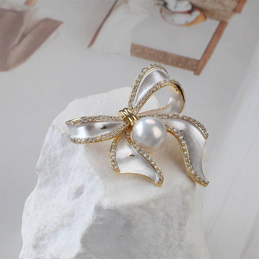 Freshwater White pearl alloy gold Bow Brooch
