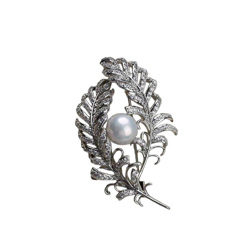 Freshwater White Pearl Alloy Sliver Feather Brooch
