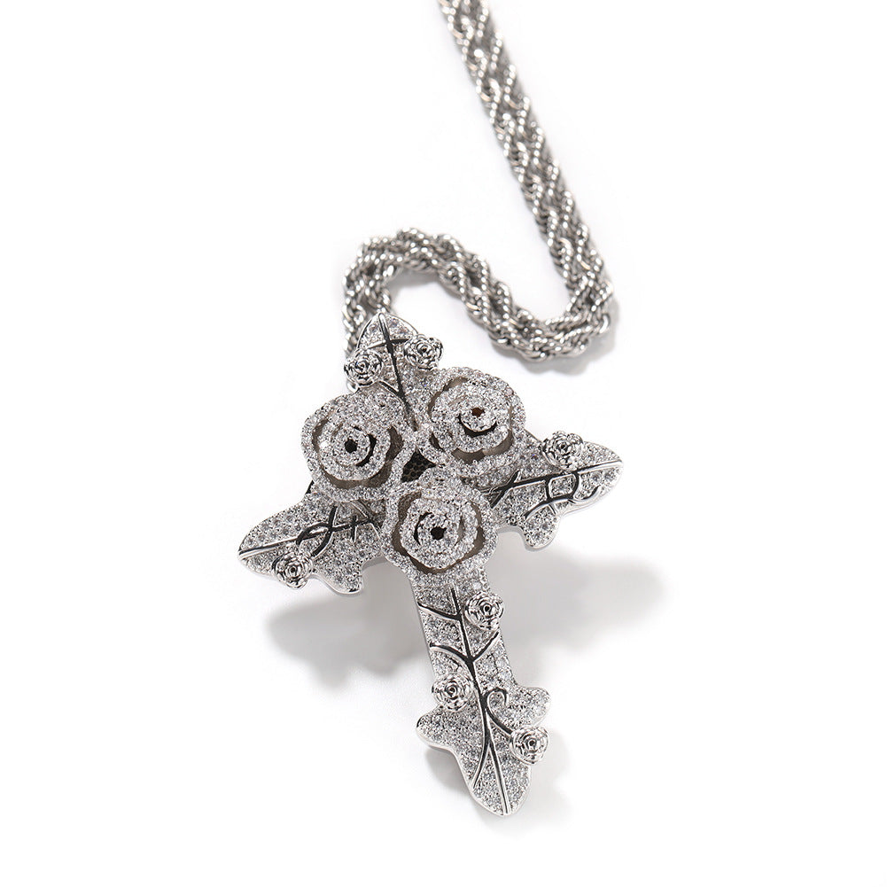 Iced out Cross Rose Pendant Necklace